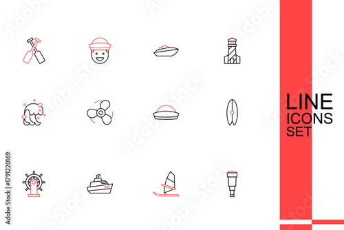Set line Spyglass telescope lens, Windsurfing, Speedboat, Ship steering wheel, Surfboard, Sailor hat, Boat propeller and Tsunami icon. Vector