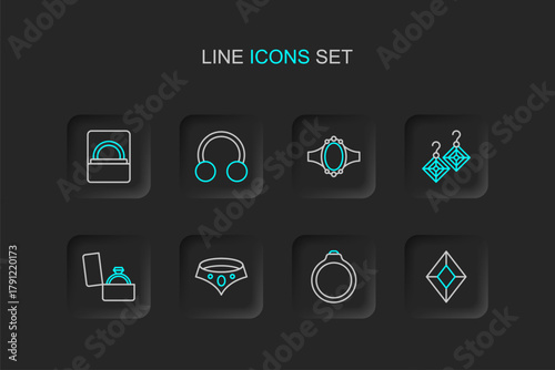 Set line Gem stone, Diamond engagement ring, Necklace, box, Earrings, Piercing and icon. Vector