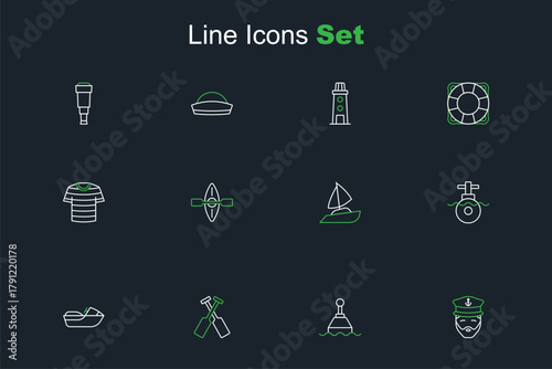 Set line Captain of ship, Floating buoy, Crossed oars or paddles boat, Jet ski, Submarine, Yacht sailboat, Kayak and and Striped sailor t-shirt icon. Vector