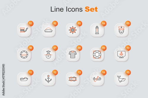 Set line Whale, Kayak and paddle, Nautical rope knots, Anchor, Jet ski, Lifebuoy and Striped sailor t-shirt icon. Vector