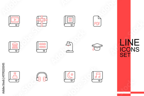 Set line Audio book, Holy of Koran, Headphones, Chemistry, Graduation cap, Table lamp, Books about programming and Law icon. Vector