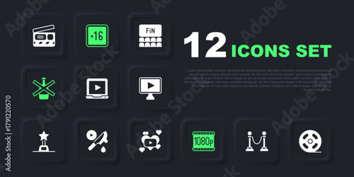 Set Rope barrier, Film reel, Online play video, Full HD 1080p, No alcohol, Thriller movie, Plus 16 and Romantic icon. Vector