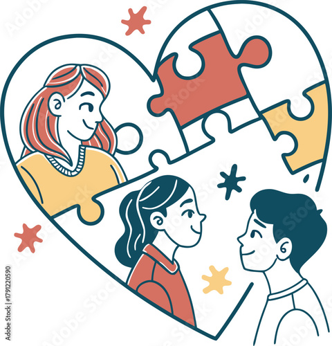 People connecting within a heart shape, solving a puzzle together