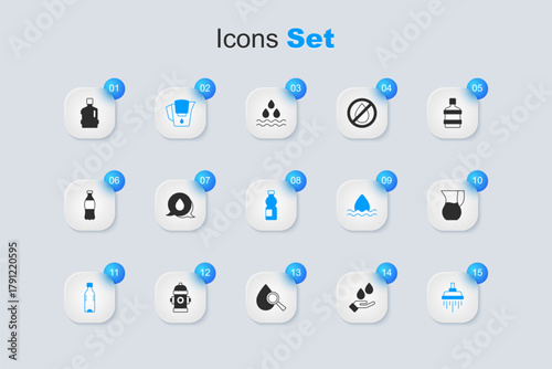 Set Washing hands with soap, Water drop speech bubbles, jug filter, Bottle of water, Shower, Jug glass, Big bottle clean and icon. Vector