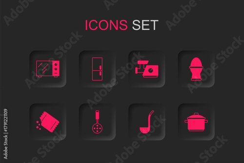 Set Spatula, Refrigerator, Microwave oven, Kitchen ladle, Chicken egg on stand, Cooking pot, meat grinder and Packet of pepper icon. Vector
