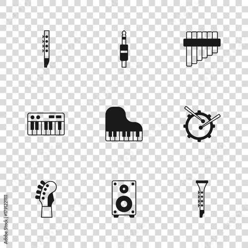 Set Stereo speaker, Drum with drum sticks, Clarinet, Grand piano, Pan flute, Flute, Audio jack and Music synthesizer icon. Vector