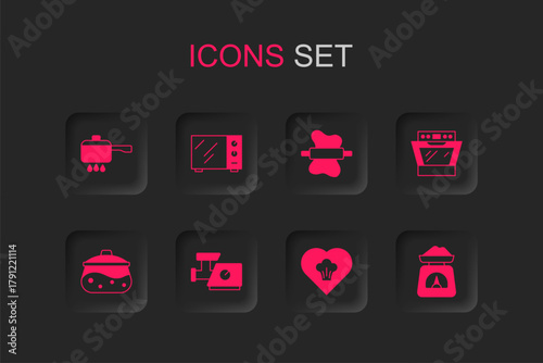 Set Kitchen meat grinder, Microwave oven, Cooking pot on fire, Chef hat, Oven, Scales, Rolling pin dough and icon. Vector
