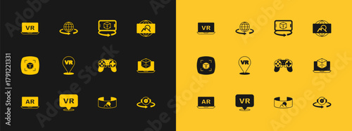 Set Wide angle picture, Virtual reality, Gamepad, 360 degree view, 3d modeling, and icon. Vector