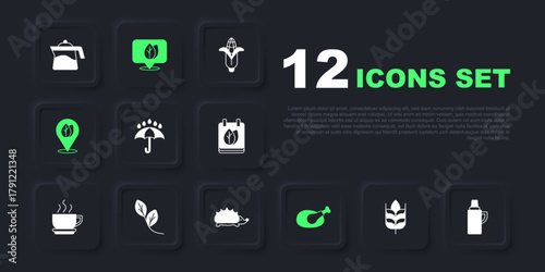 Set Wheat, Thermos container, Umbrella and rain drops, Roasted turkey or chicken, Location with leaf, Leaf, and Hedgehog icon. Vector