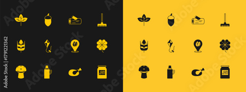 Set Garden rake, Thermos container, Location with leaf, Roasted turkey or chicken, Kite, Wooden log, Leaf and Acorn icon. Vector