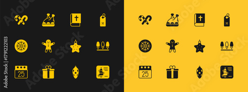 Set Discount percent tag, Gift box, Christmas star, toy, Holiday gingerbread man cookie, Holy bible book, Candy cane with stripes and Roasted turkey or chicken icon. Vector