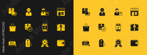 Set Market store, Price tag with dollar, Mobile shopping, Stars rating, Return cardboard box, Buyer, Delivery cargo truck and Happy customer icon. Vector