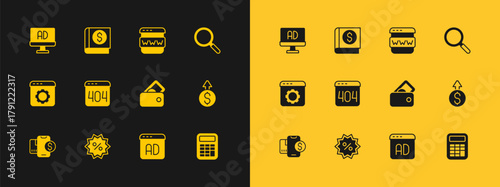 Set Magnifying glass, Discount percent tag, Wallet with money, Advertising, Page 404 error, Browser window, and Financial book icon. Vector