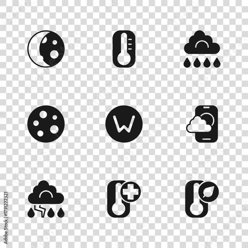 Set Thermometer, Weather forecast app, Compass north, Cloud with rain, Moon phases, and icon. Vector