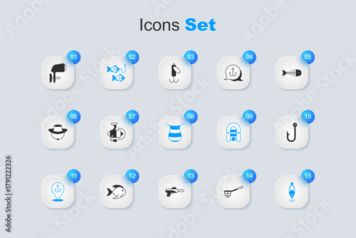 Set Fishing net, Spinning reel for fishing, hook with, lure, Outboard boat motor and icon. Vector