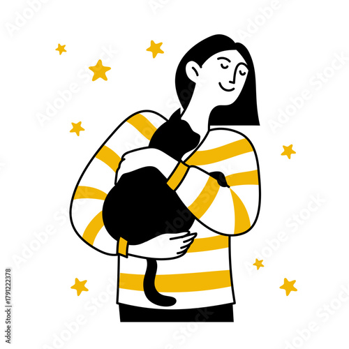 Doodle woman with a cute cat. Domestic animals. Vector color line illustration of people with animals, isolated on white