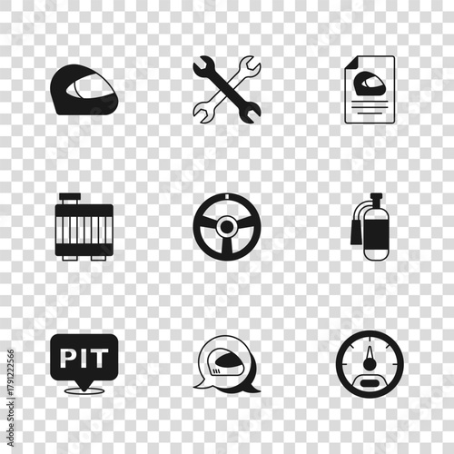 Set Racing helmet, Fire extinguisher, Speedometer, steering wheel, Wrench spanner and Car radiator cooling system icon. Vector