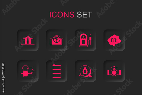 Set Barrel oil, Oil pipe with valve, tank storage, drop dollar symbol, CO2 emissions in cloud, Petrol gas station and Molecule icon. Vector