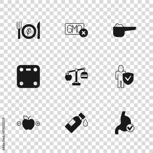 Set Bottle of water, Healthy lifestyle, Human stomach health, Calorie calculator, Sports nutrition proteine, Vegan food diet, No GMO and Bathroom scales icon. Vector