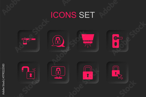Set Lock, Parking car barrier, Fingerprint door lock, Fire sprinkler system and Open padlock icon. Vector