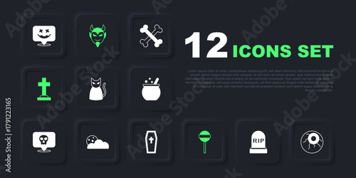 Set Tombstone with RIP written, Eye, Black cat, Lollipop, cross, Moon and stars, Devil head and Coffin christian icon. Vector