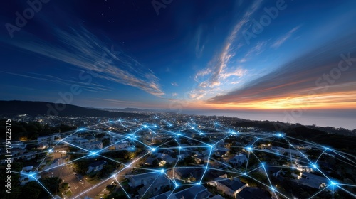 Smart City Network Connection, Data & Technology at Night