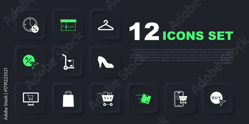 Set Mobile with shopping cart, Buy button, Hand truck and boxes, Location cardboard, Discount percent tag, Paper bag, Market store and Shopping food icon. Vector