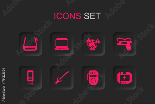 Set Katana, Laptop, Smart glasses on spectacles, Artificial intelligence robot, Futuristic weapon, First aid kit, Earth with exclamation mark and USB flash drive icon. Vector