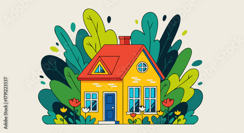 Whimsical illustration of a cheerful yellow house with a red roof, enveloped by vibrant green and teal foliage and small red flowers, portraying a cozy natural dwelling