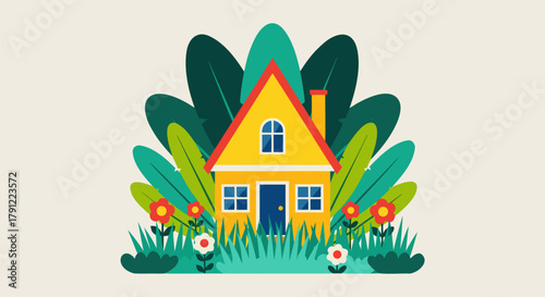 Charming Yellow House Surrounded by Lush Greenery and Vibrant Flowers, Evoking a Sense of Cozy Living and Natural Beauty