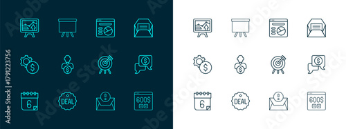 Set line Envelope, Deal, Target financial goal, Business investor, Pie chart infographic, Monitor with and Chalkboard icon. Vector