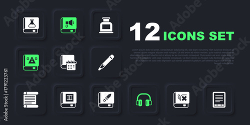 Set Book with mathematics, E-Book reader, Daily paper notepad, Headphones, Ancient magic book, and about weapon icon. Vector