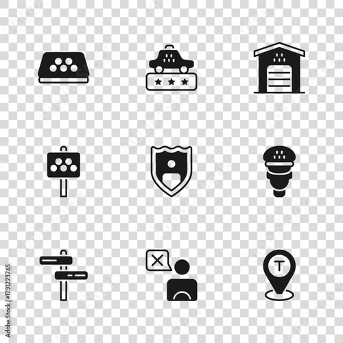 Set Taxi driver, Location taxi car, Life insurance with shield, Garage for, roof, service rating and Road sign stand icon. Vector