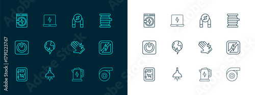 Set line Wire electric cable on reel, Lamp hanging, Electric glove, kettle, Global planet with thunderbolt, Magnet, Washer and Laptop icon. Vector