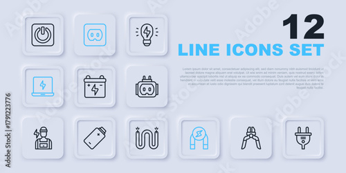 Set line Pliers tool, Electric plug, Car battery, Magnet, Laptop, Battery charge, Electrical outlet and cable icon. Vector