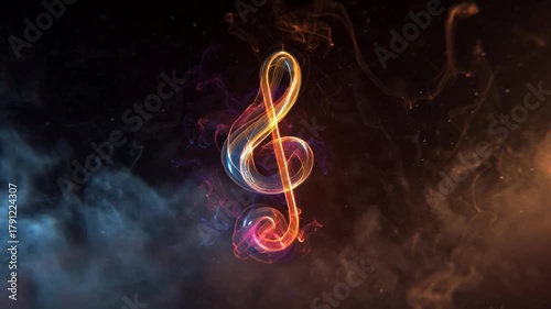 Mesmerizing musical note emerges from smoke and light, flowing with vibrant energy, perfect for music industry promos, concert visuals, and dynamic audio advertisements