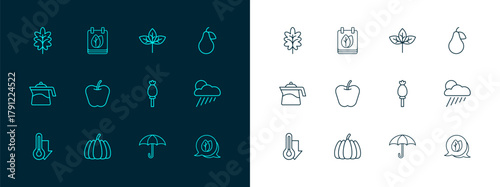 Set line Pear, Pumpkin, Opium poppy, Umbrella, Apple, Leaf, and Calendar with autumn leaves icon. Vector