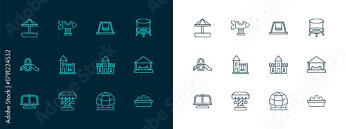 Set line Jumping trampoline, Attraction carousel, Sand castle, Playground climbing equipment, Swing for kids, Sandbox with sand and plane icon. Vector