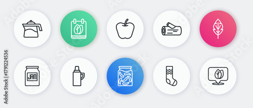Set line Pickled cucumbers in a jar, Leaf, Jam, Socks, Wooden log, Apple, Location with leaf and Thermos container icon. Vector