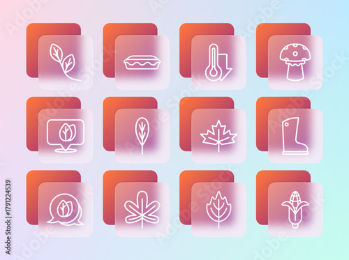 Set line Mushroom, Chestnut leaf, Canadian maple, Leaf, Thermometer, and Homemade pie icon. Vector