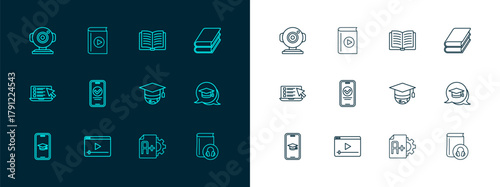 Set line Book, Online play video, Graduation cap on globe, Exam sheet with A plus grade, quiz, test, survey, Open book, Web camera and Audio icon. Vector