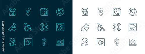 Set line Tooth with caries, Blood test, Crossed bandage plaster, Location hospital, Wheelchair for disabled person, Doctor appointment, Emergency call 911 and Ethnoscience icon. Vector