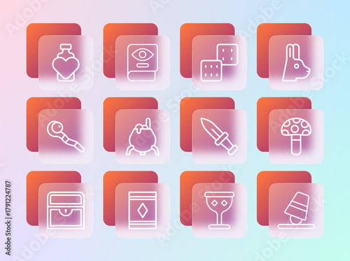 Set line Rabbit with ears, Magic carpet, Dagger, Medieval goblet, Witch cauldron, Game dice, Bottle love potion and Ancient magic book icon. Vector