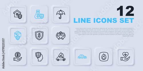 Set line Fire flame, Life insurance in hand, Shield with dollar, Flood car, Delivery security shield, Money bag and Burning icon. Vector