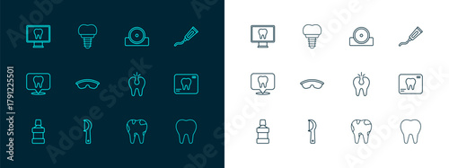 Set line Tube of toothpaste, Dental floss, Broken, Safety goggle glasses, Otolaryngological head reflector, Online dental care and implant icon. Vector