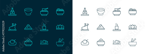 Set line Asian noodles in bowl, Rice, Cup of tea, Served fish on plate, Ramen soup, Bottle sake and Soy sauce icon. Vector