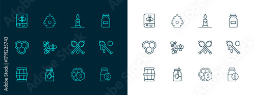 Set line Jar of honey, and dipper stick, Honey, Sale honeycomb, Bees, Burning candle, Book about bee and Hive for bees icon. Vector
