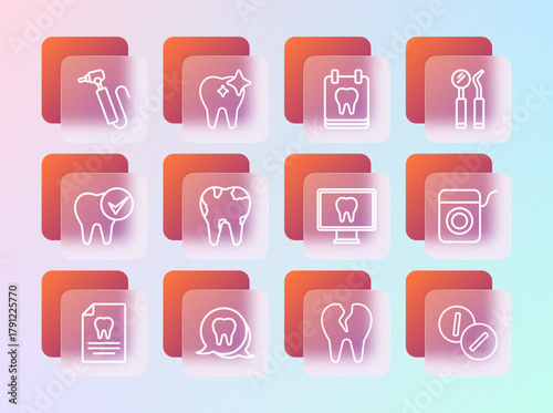 Set line Dental mirror and probe, Tooth, Online dental care, Broken tooth, Calendar with, drill and whitening icon. Vector