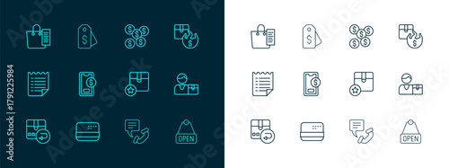 Set line Hot price, Credit card, Carton cardboard box, Telephone 24 hours support, Mobile with dollar, Dollar symbol, Shopping list and Price tag icon. Vector