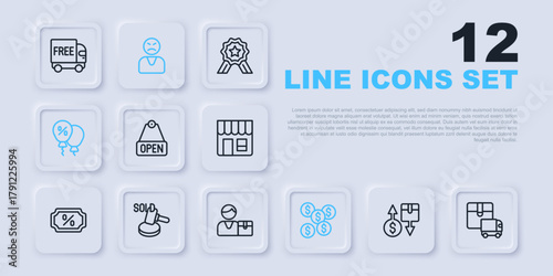 Set line Tax cardboard box, Delivery cargo truck, Hanging sign with text Open, Dollar symbol, Discount percent tag, Auction hammer, Angry customer and Buyer icon. Vector